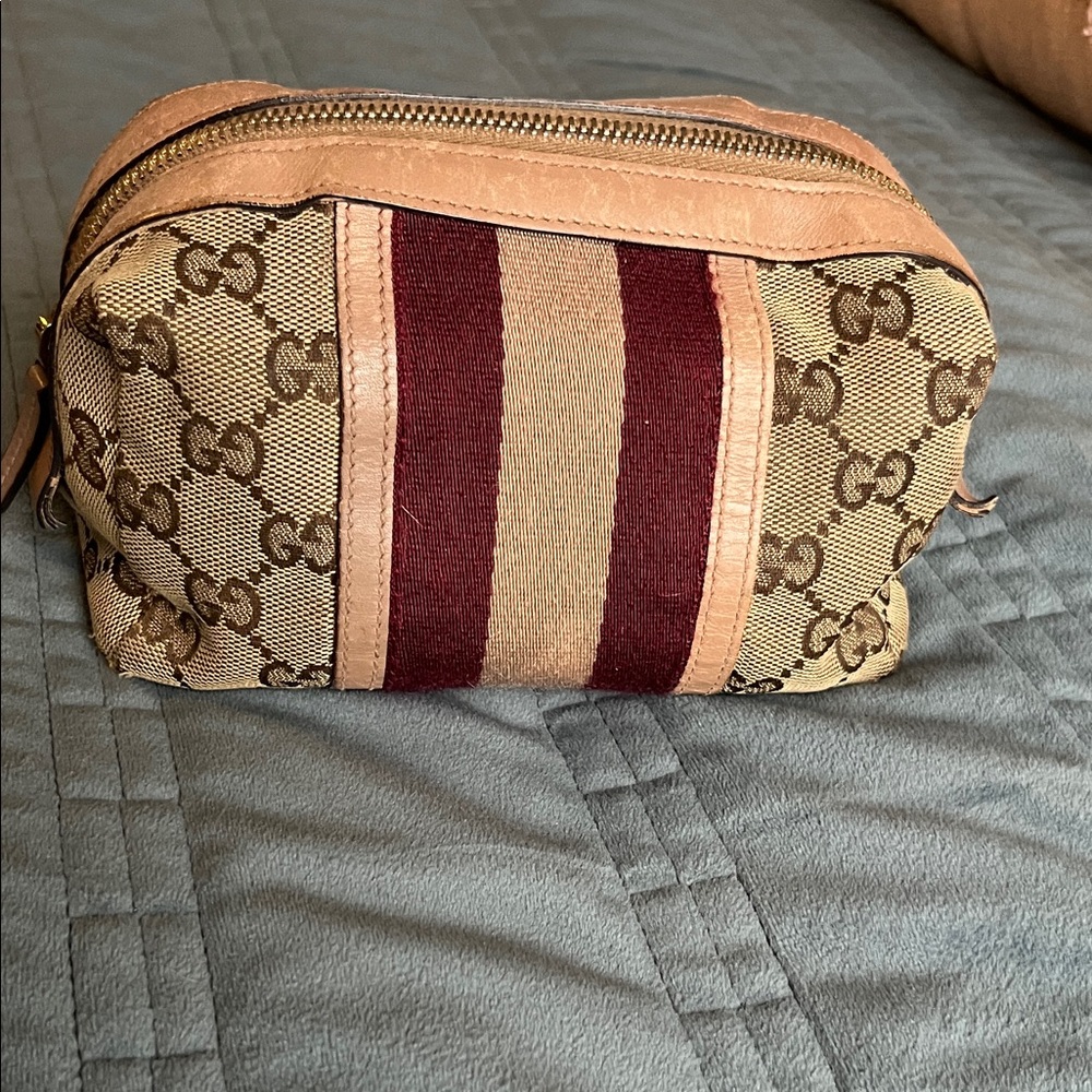 Gucci Tan and Burgundy Monogram Pouch